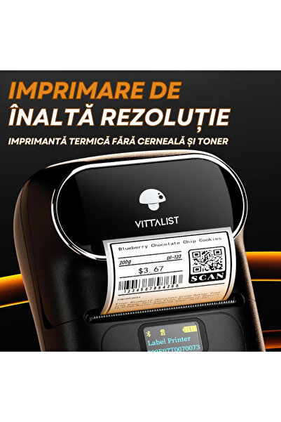 Vittalist Portable Thermal Label Printer, Phone App, Bluetooth,Compatible with iOS/Android/Windows/Mac, Black