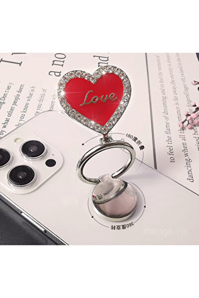 EDELFU Popsocket Gümüş Taşlı Halka Love Kalpli Metal Telefon Tutacağı Sert Yüzey Yapışkanlı Parmak Tutucu