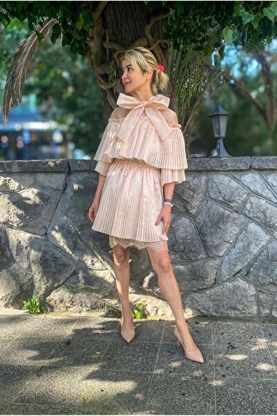 satya PLİSELİ FİYONK DETAYLI ORGANZA MİNİ ABİYE ELBİSE