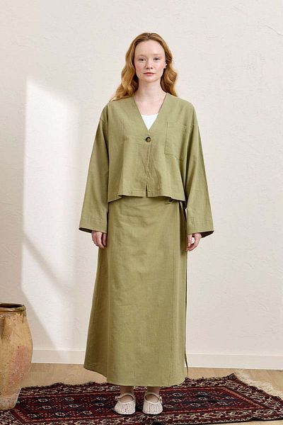 Ceylan Otantik Khaki Organic Linen Single Pocket Jacket & Wrap Skirt Set