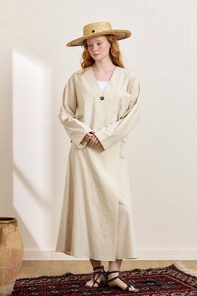 Ceylan Otantik Cream Organic Linen Single Pocket Jacket & Wrap Skirt Set