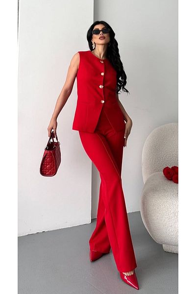 pembekurdelem Women's Design Buttoned Vest Trousers Suit Red