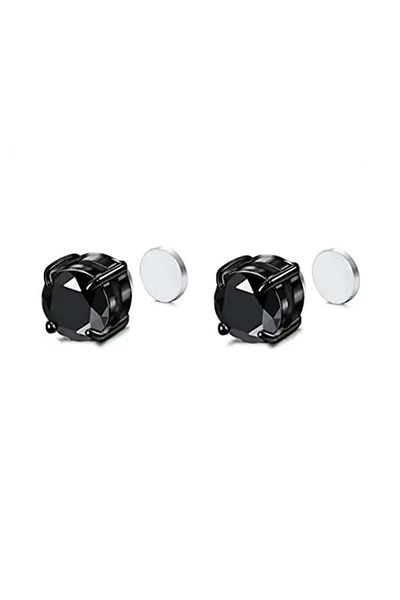 Sprise Black Men's Earrings with Magnet, Ear Clips, Zirconia/Titanium Steel, 6 mm Diameter