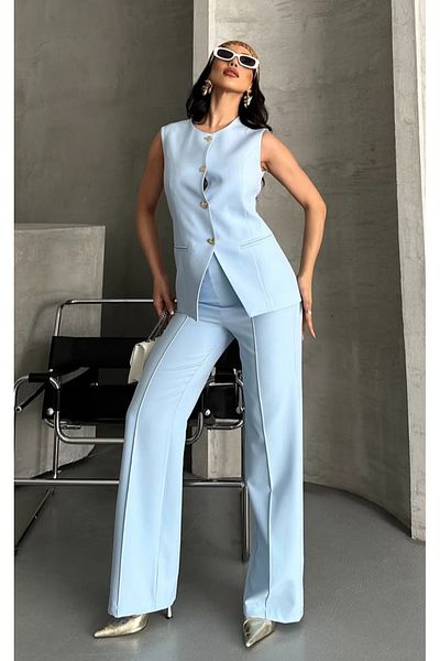 pembekurdelem Set de pantaloni vestă cu nasturi de design pentru femei Baby Blue