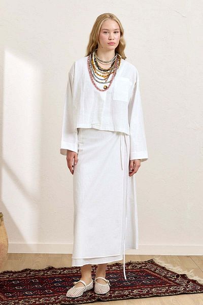 Ceylan Otantik White Organic Linen Single Pocket Jacket & Wrap Skirt Set