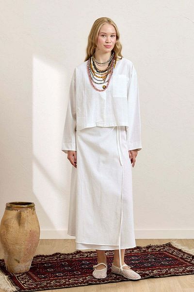 Ceylan Otantik White Organic Linen Single Pocket Jacket & Wrap Skirt Set