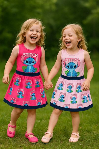 MİNİ İNOWESTA KİDS Girls' Cotton Light Pink Color Sti̇hch Character Printed Summer Casual Dress