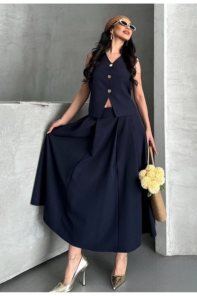 pembekurdelem Women's Vest Pleated Skirt Suit Navy Blue