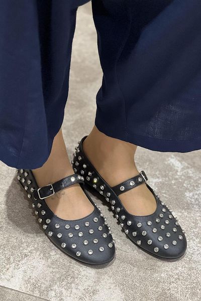 Majensia Belted Full Stone Genuine Leather Ballerinas