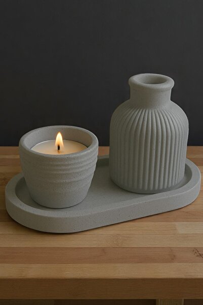 ERSE HOME Vazo ve Hasır Şekilli Dekoratif İçinde Mum, Gri Renk Beton 3' lü Set