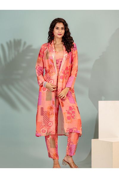 HashtagBe Stylish and elegant peach printed co-ord set with jacket