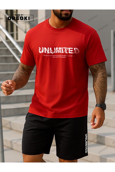 EFFRENATU Wavy Unlimited Printed Cotton Fabric Men's Red T-Shirt-Black Shorts Set