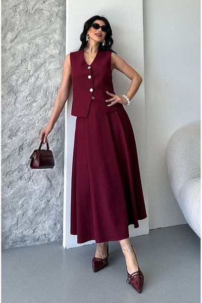 pembekurdelem Women's Vest Pleated Skirt Suit Burgundy