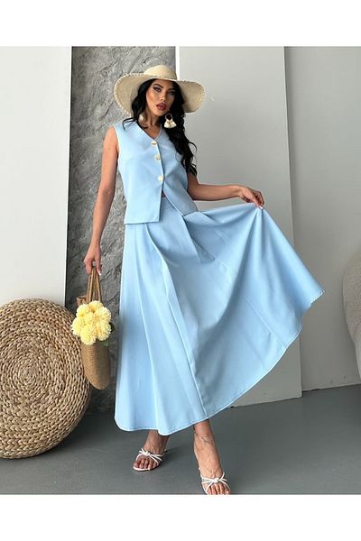 pembekurdelem Women's Vest Pleated Skirt Suit Baby Blue