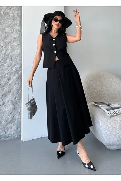pembekurdelem Women's Vest Pleated Skirt Suit Black