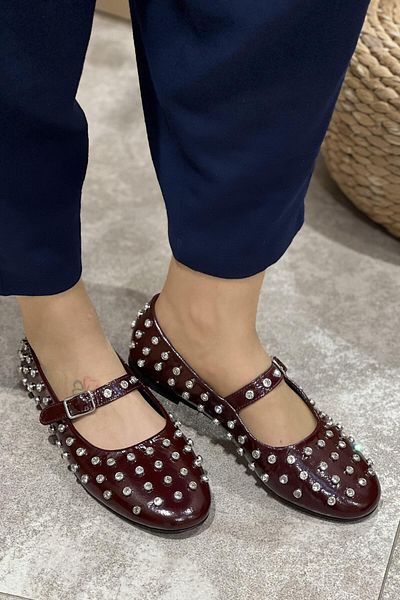 Majensia Belted Full Stone Genuine Leather Ballerinas