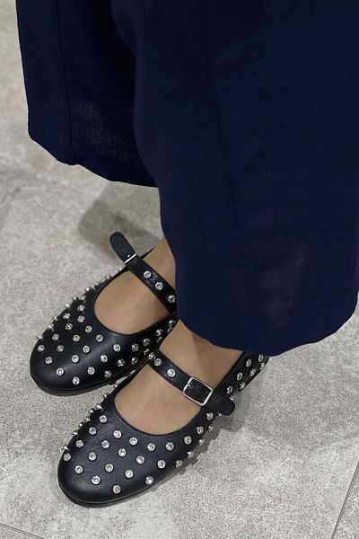Majensia Belted Full Stone Genuine Leather Ballerinas