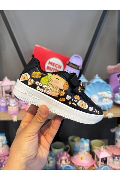 MECH BUTİK Pantofi sport pentru fete-băieți cu velcro negru imprimat CapyBara