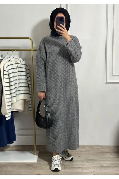 POİNE Women's Crew Neck Hair Braided Knitwear Long Dress