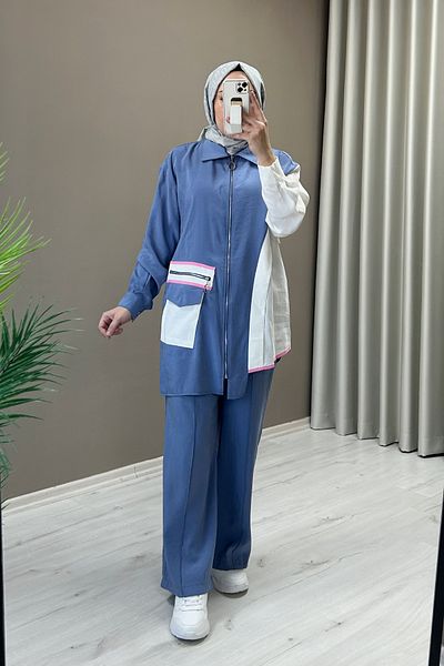 T Moda Store Cupra Fabric Asymmetric Cut Zipper and Pocket Detailed Double Hijab Suit