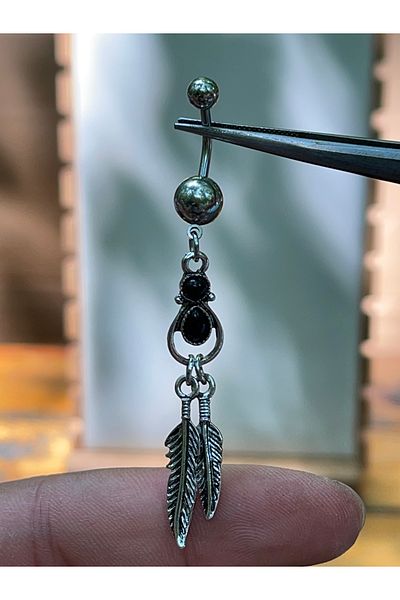 Rupen Kraft 316 L Surgical Steel Leaf Dangle Black Stone Navel Piercing