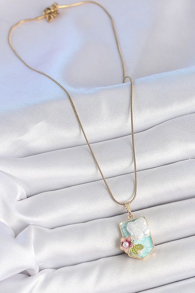 NEZADE STORE 316L Steel Gold Color Chain Blue Enamel Pearl Flower Embroidered Portrait Model Women's Necklace - Lisinya