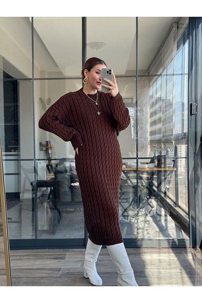 POİNE Women's Crew Neck Hair Braided Knitwear Long Dress