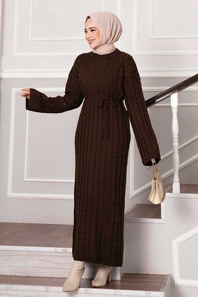 POİNE Women's Crew Neck Hair Braided Knitwear Long Dress