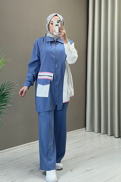 T Moda Store Cupra Fabric Asymmetric Cut Zipper and Pocket Detailed Double Hijab Suit