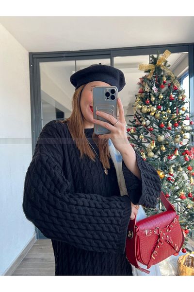 POİNE Women's Crew Neck Hair Braided Knitwear Long Dress