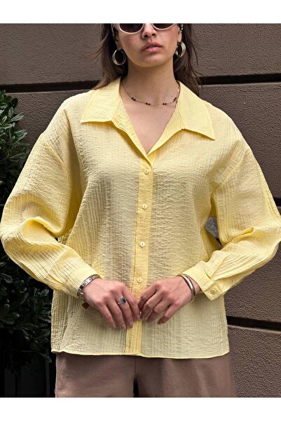 NOXS Yeni Sezon Kadın Oversize Keten Gömlek - Mavi