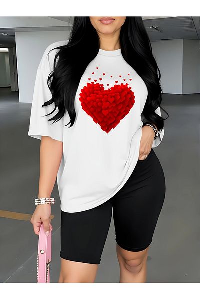 WOODROFFE Women's Romantic Red Heart Printed T-Shirt, Scuba Diver Short Leggings (Leggings T-Shirt Set)