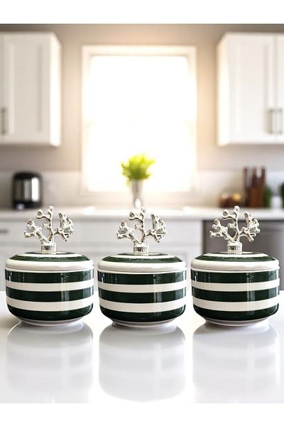 ferayhome Kitchen Accessory 3-Piece Breakfast Spice Rack Storage Container Sugar Bowl Green Zebra Silver Coral