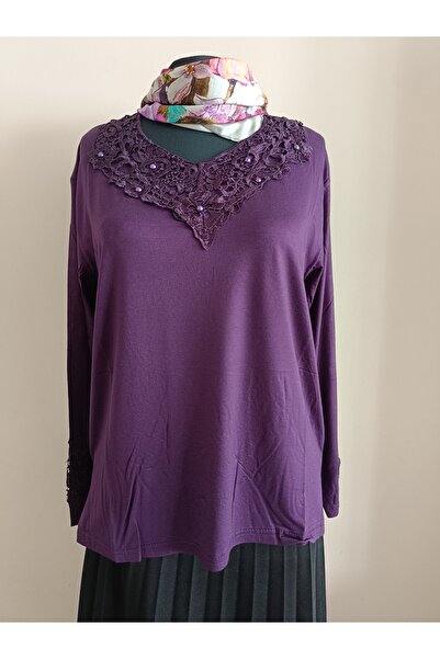 Mumio Kadın giyim mor uzun kollu mevsimlik güpürlü anne penyesi