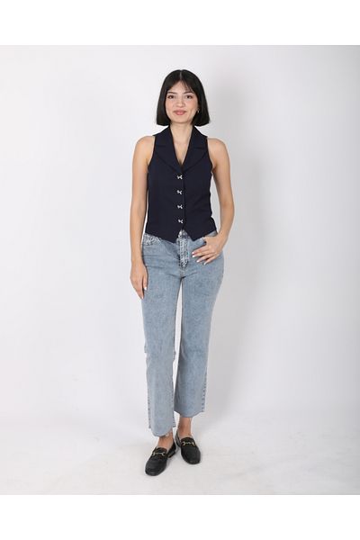 DEQ FASHION Women's Navy Blue Bow Buttoned Blazer Vest