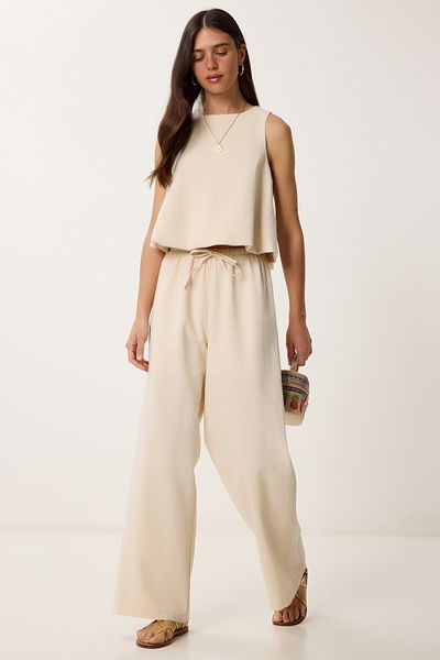 Lovelyİstanbul Linen Balloon Blouse Pants Suit Cream Lus0092