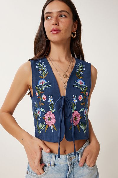 Lovelyİstanbul Flower Embroidered Muslin Vest Dark Blue Lfh0003