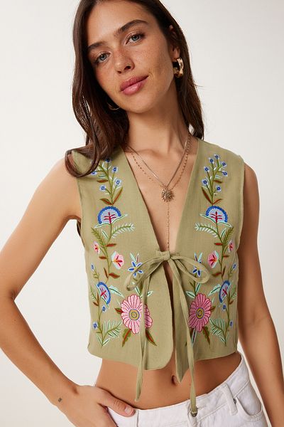 Lovelyİstanbul Flower Embroidered Muslin Vest Olive Green Lfh0003