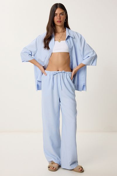 Lovelyİstanbul Linen Shirt Pants Suit Sky Blue Ldp0058