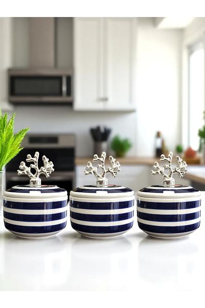 ferayhome Kitchen Accessory 3-Piece Breakfast Spice Rack Storage Container Sugar Bowl Navy Blue Zebra Silver Coral