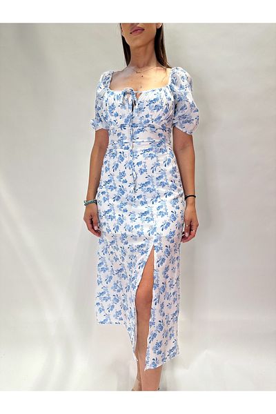 IFASTFASHION Women’s Floral Puff Sleeve Midi Dress – Square Neck, Front Slit, Summer Romantic Style, Blue & White