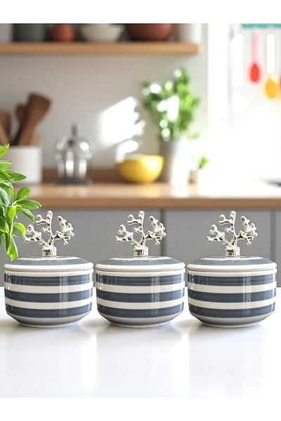 ferayhome Kitchen Accessory 3-Piece Breakfast Spice Rack Storage Container Sugar Bowl Gray Zebra Silver Coral