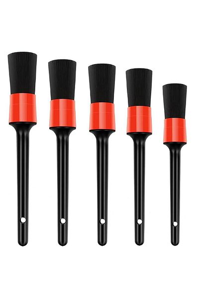 OEM Set of 5 car detailing brushes, for cleaning car interior-exterior, polyester, black-red