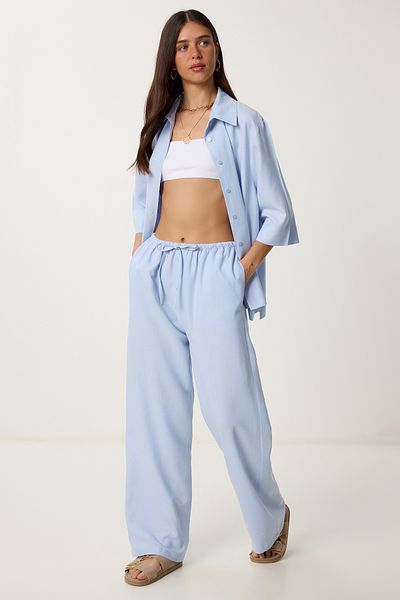 Lovelyİstanbul Linen Shirt Pants Suit Sky Blue Ldp0058