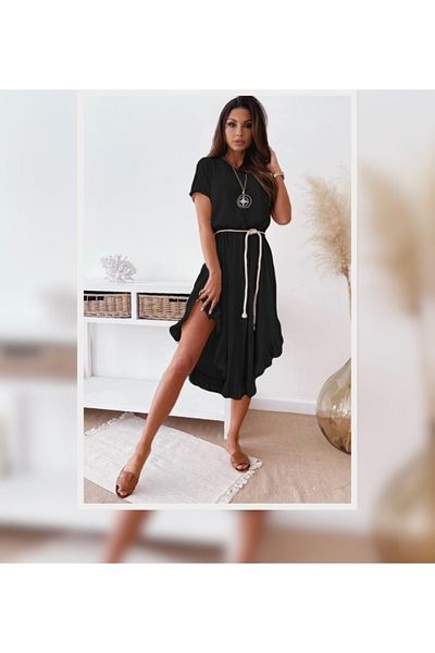 atelyu Women's Black Summer Midi Length Rope Belt Combed Cotton Dress
