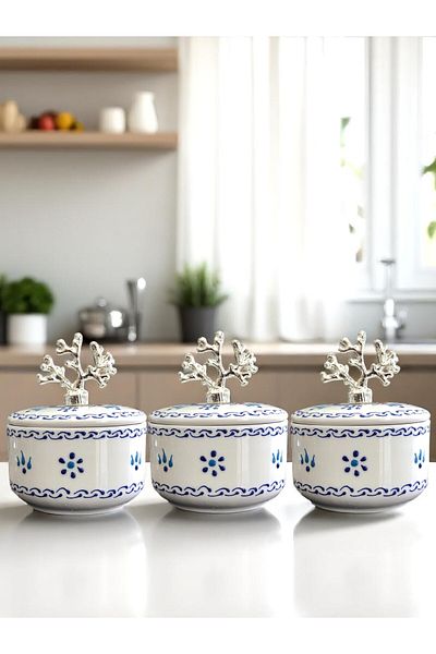 ferayhome Kitchen Accessory 3-Piece Breakfast Spice Rack Storage Container Sugar Bowl Embossed Pattern Silver Coral