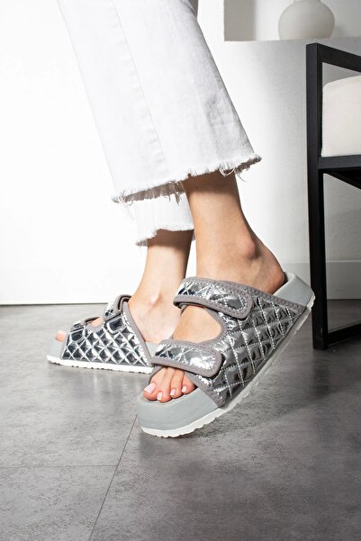 Sivarro Papuci de damă cu velcro gri matlasat – Ortopedici, eleganti, talpă anti-alunecare