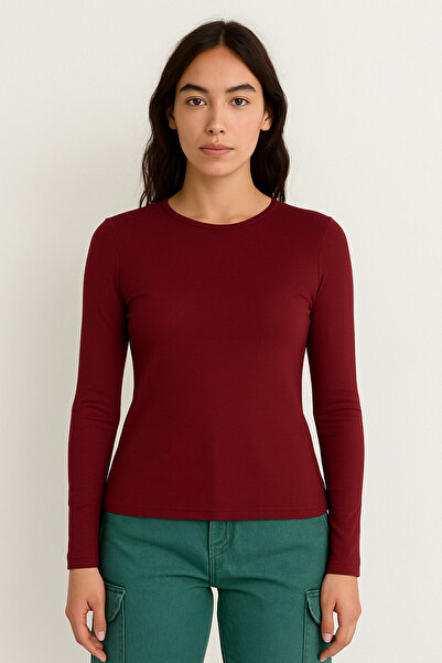 ParlaMira بدلة فيسكوز أساسية بأكمام طويلة ورقبة دائرية للنساء باللون العنابي