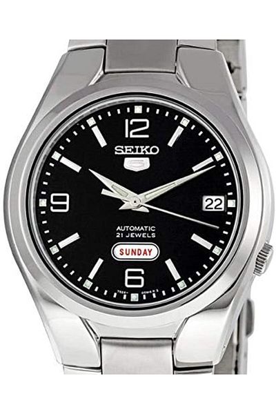 Seiko ساعة رجالية بمينا أسود وسوار من الفولاذ المقاوم للصدأ - SNK623K1