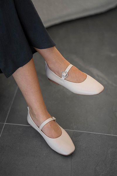 Parponi Amalia Women's Belt Detail Leather Ballerinas Ecru